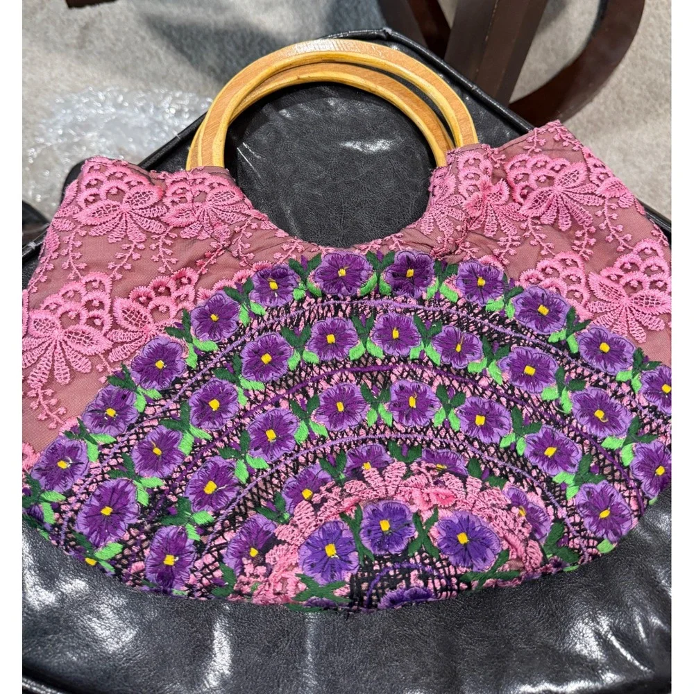 Pink Lace Floral‎ Embroidered Hobo Bag with Wooden Ring Handles Purple Flowers